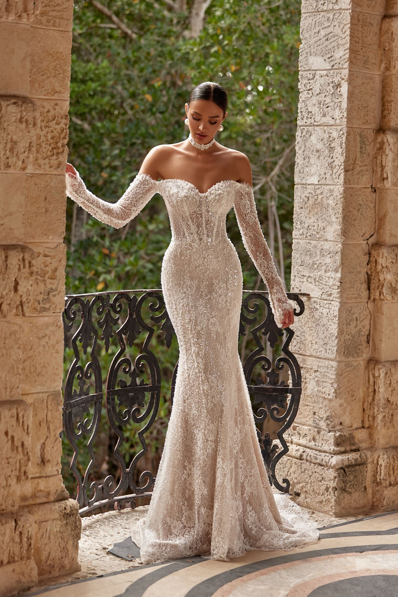 wedding dress Elowen by OKSANA MUKHA Elowen bridal gown: fitted lace dress with pearls and sequins for timeless elegance
