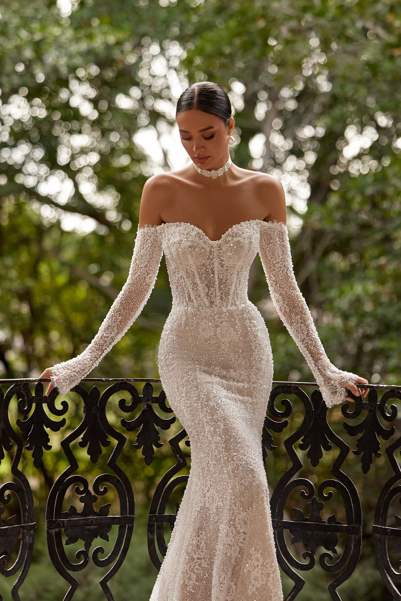 wedding dress Elowen by OKSANA MUKHA Bridal gown: fitted silhouette with hand-sewn pearls and soft textures