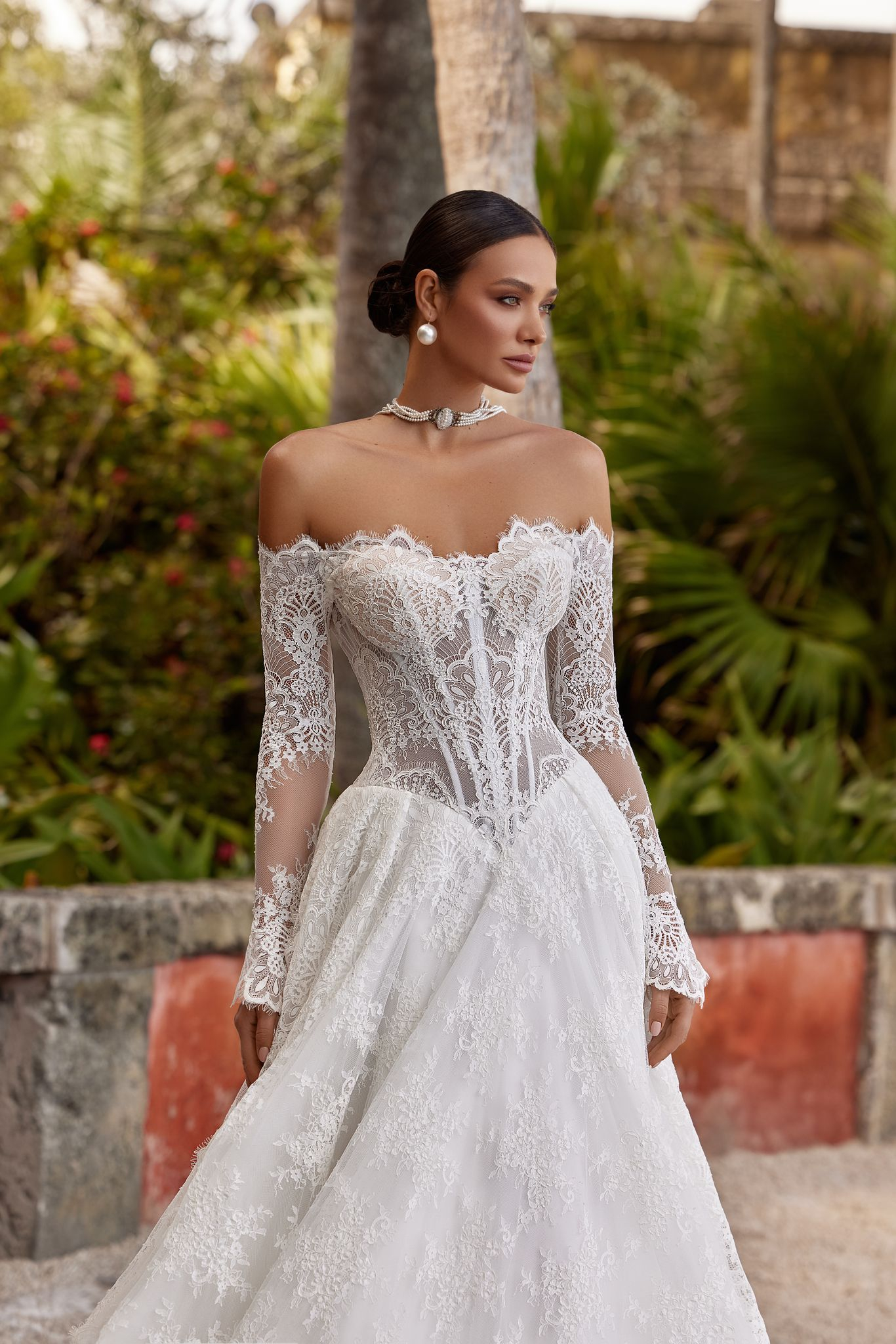 wedding dress Isolde by OKSANA MUKHA Elegant off-shoulder bridal gown with delicate embroidery — Isolde gown