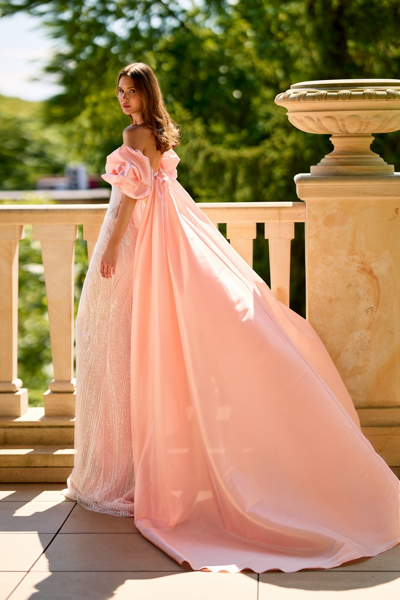 evening dress 2360 with cape by OKSANA MUKHA Fitted evening gown with long cape and shimmering lace embroidery