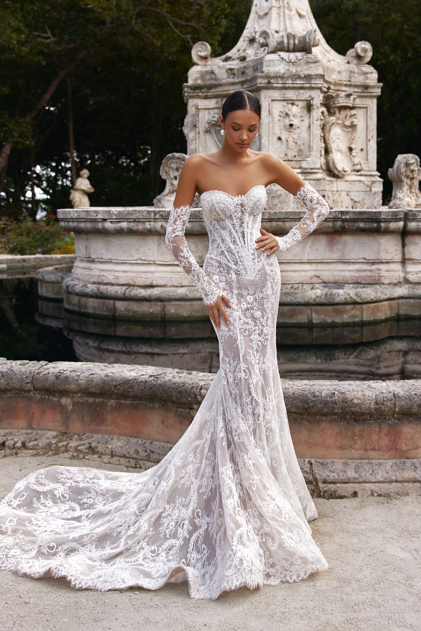 wedding dress Bella by OKSANA MUKHA Bella gown: hand-embroidered pearls, shimmering crystals, and detachable train