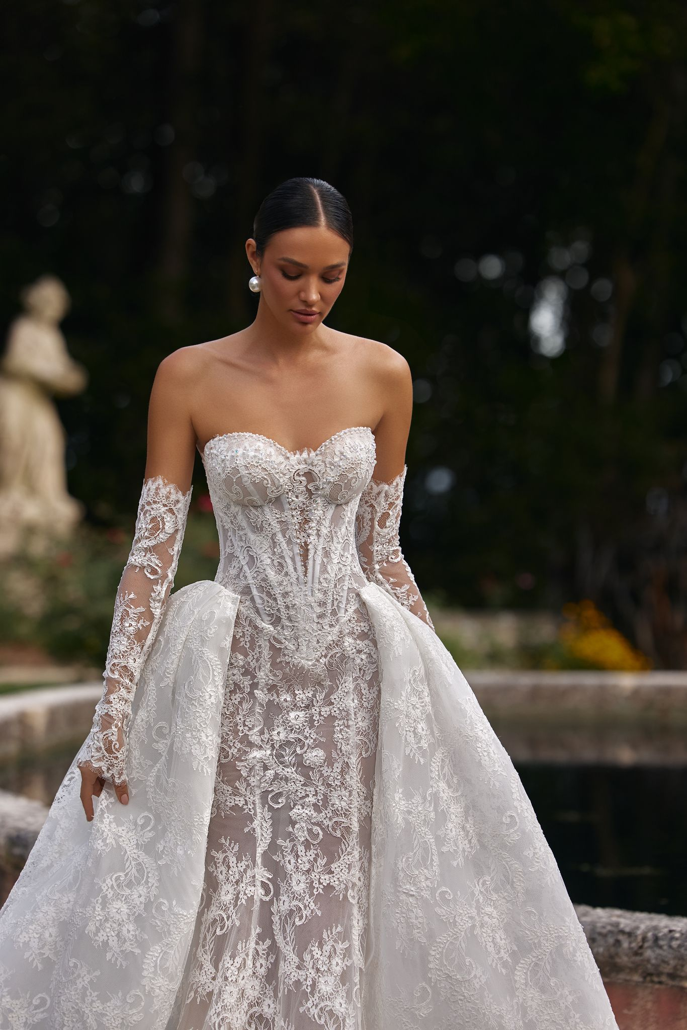 wedding dress Bella by OKSANA MUKHA Bella bridal gown with detachable train — modern French glam in lace and pearls