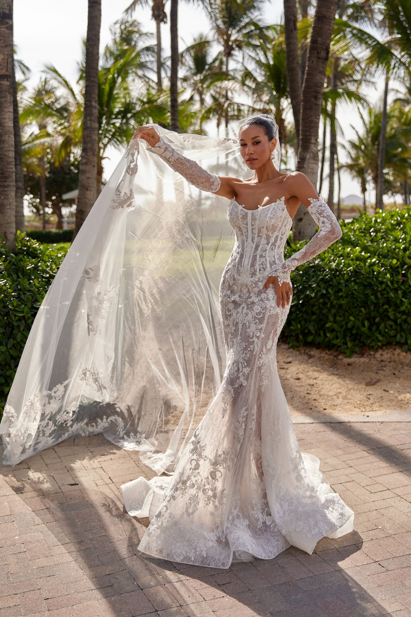 wedding dress Emerald with lining by OKSANA MUKHA Emerald gown mermaid, transparent lace, long train