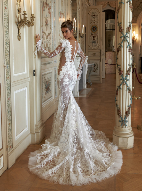 wedding dress Britney by OKSANA MUKHA Wedding dress transparent lace, long sleeves, mermaid silhouette