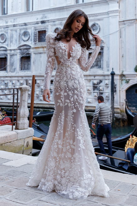 wedding dress Runa by OKSANA MUKHA Sheer dress with pearl embroidery