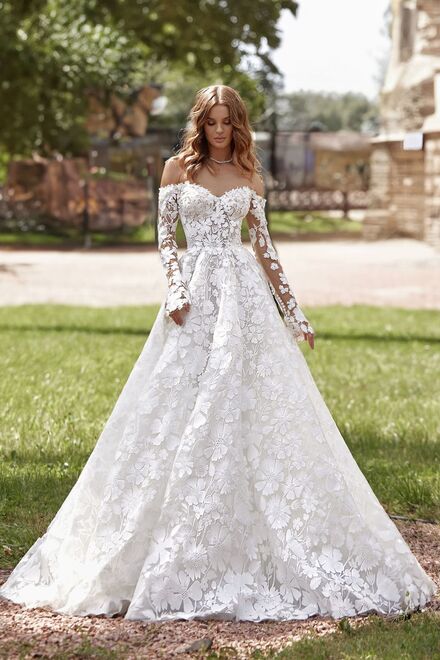 wedding dress Doris by OKSANA MUKHA Wedding dress A-line, lace, off-shoulder, pearl embroidery