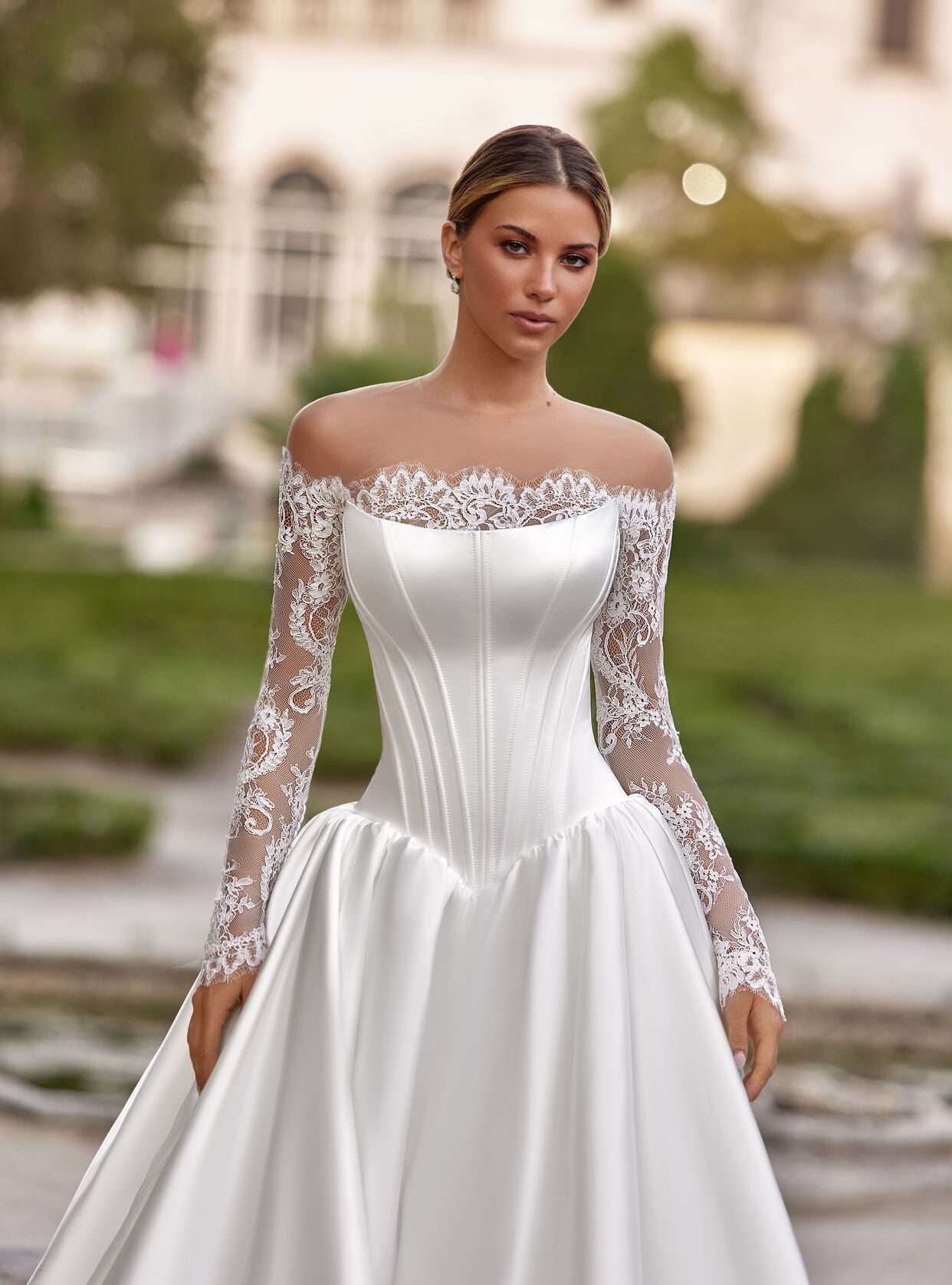 wedding dress Alba with cape by OKSANA MUKHA Alba gown: timeless minimalism with a lace bolero and graceful open back