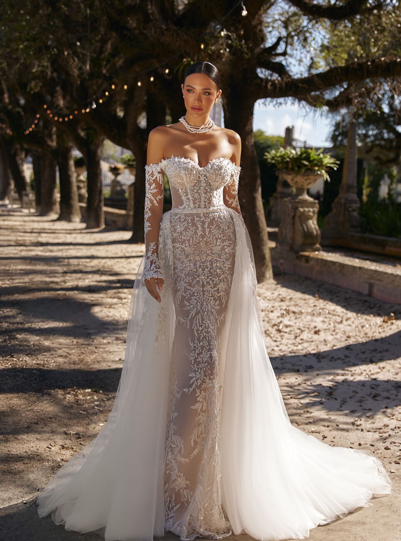 wedding dress Aurelie by OKSANA MUKHA Aurelie gown: fitted off-shoulder silhouette with lace, tulle, and glimmering beads