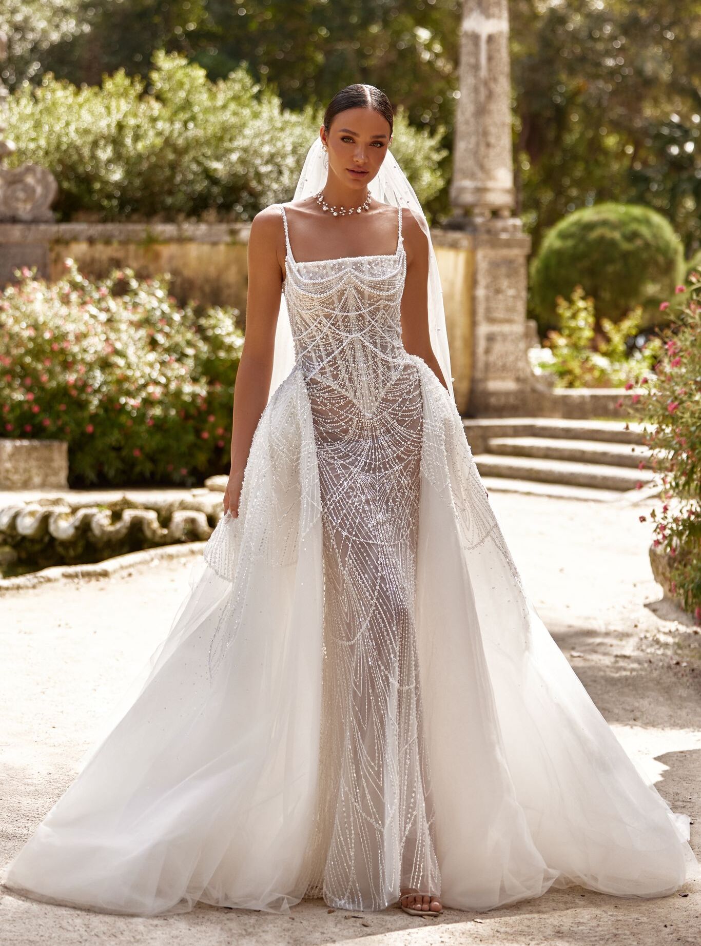 wedding dress Beatrice by OKSANA MUKHA Beatrice gown with train: glowing embroidery and pearls for a royal bridal look