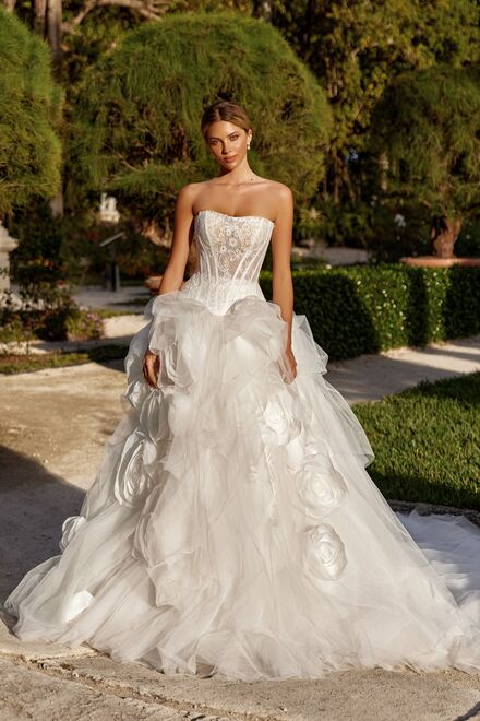 wedding dress Eden by OKSANA MUKHA Elegant Eden bridal gown in matte organza, Chantilly lace, and fine tulle with soft shimmer.