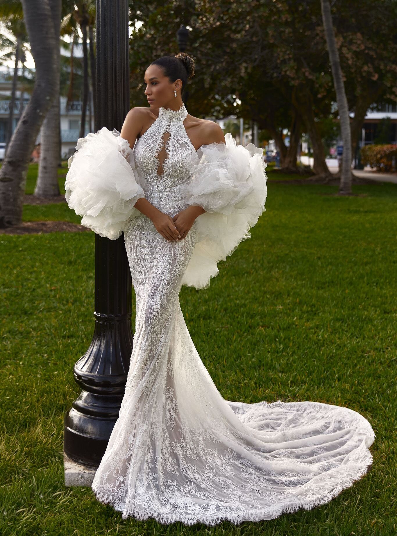 wedding dress Marigold with cape by OKSANA MUKHA Marigold bridal look with cape: lace, mesh, and glowing embroidered details