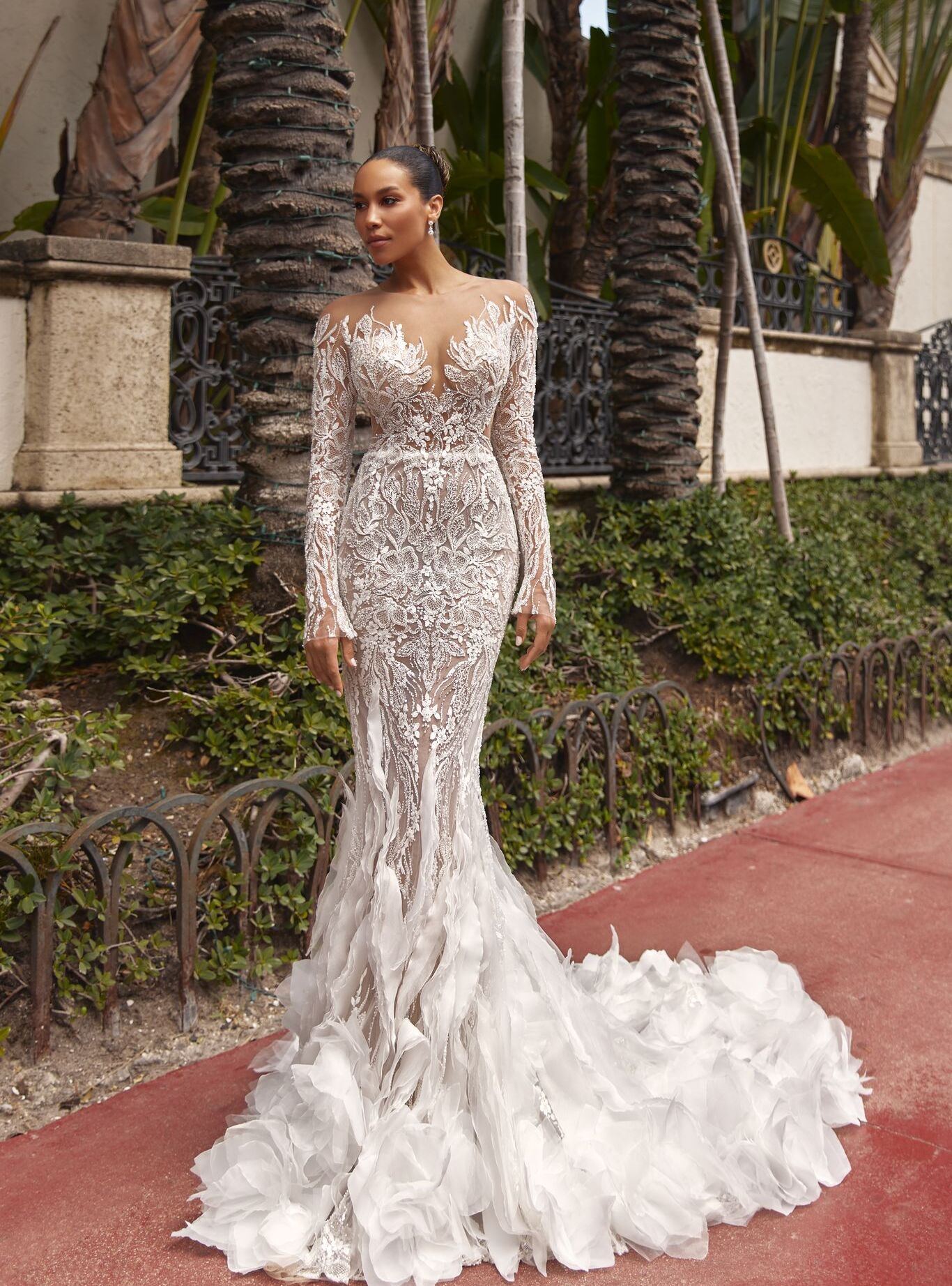 wedding dress Noelia by OKSANA MUKHA Noelia bridal gown: mermaid silhouette with lace panels, tulle insets, and floral appliqués