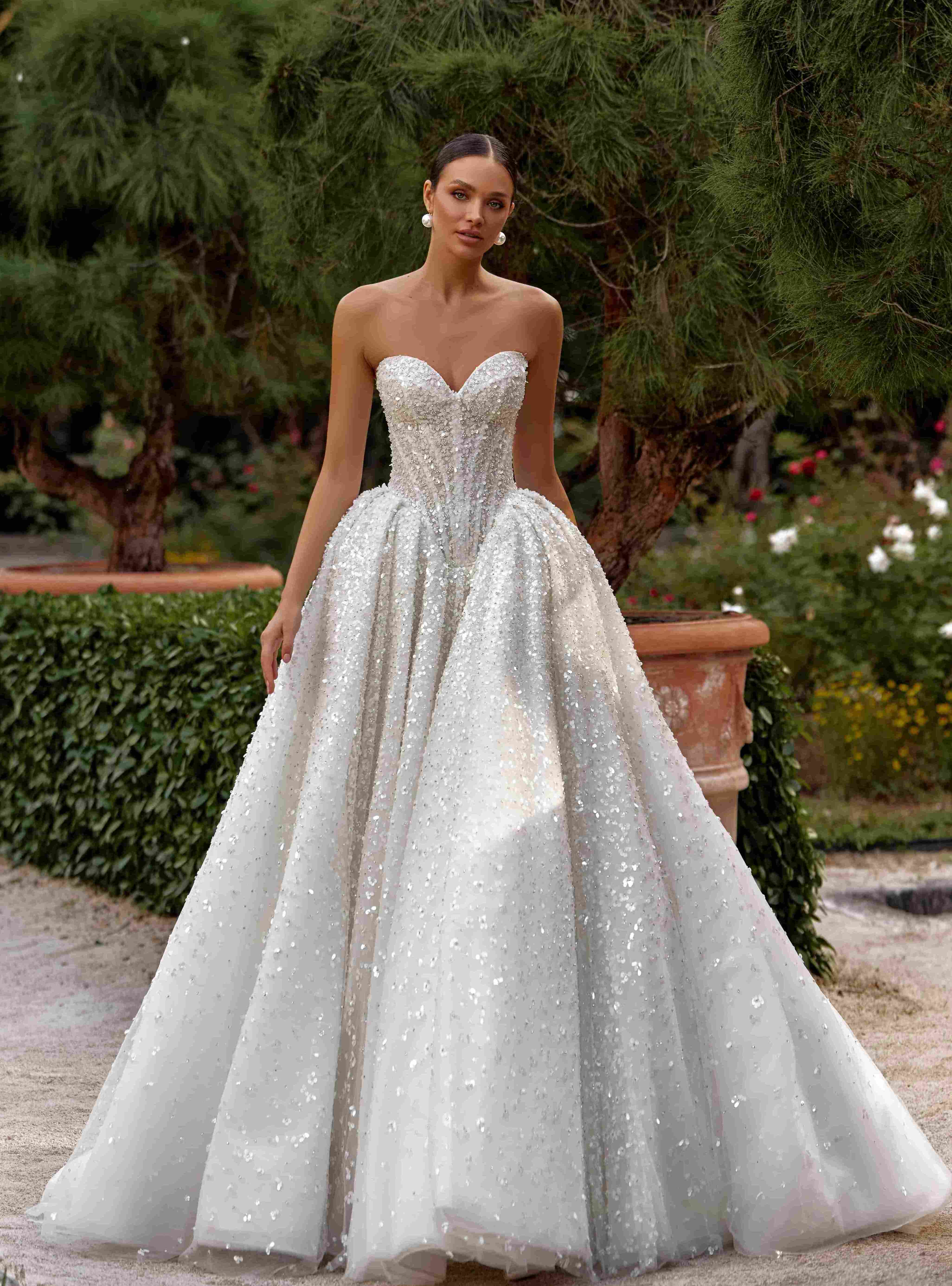wedding dress Ingrid by OKSANA MUKHA Elegant Ingrid gown: gathered skirt, hand-embroidered details, and radiant sparkle