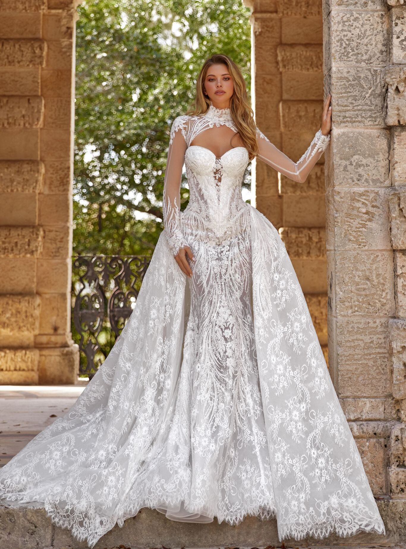 wedding dress Delilah by OKSANA MUKHA Delilah gown with train: lace, beads, pearls, and sequins for dramatic bridal elegance