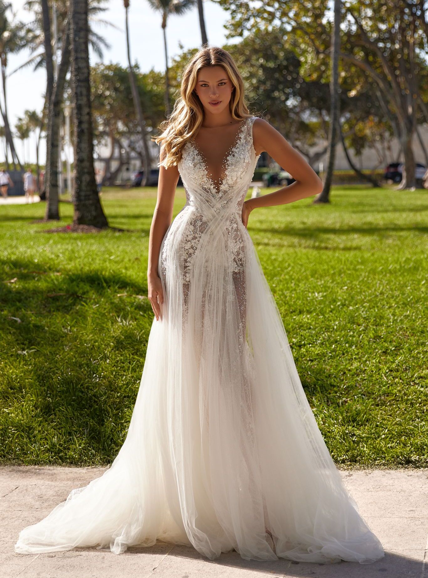 wedding dress Solange by OKSANA MUKHA Solange gown: A-line silhouette with delicate lace, netting, and embroidered appliqués