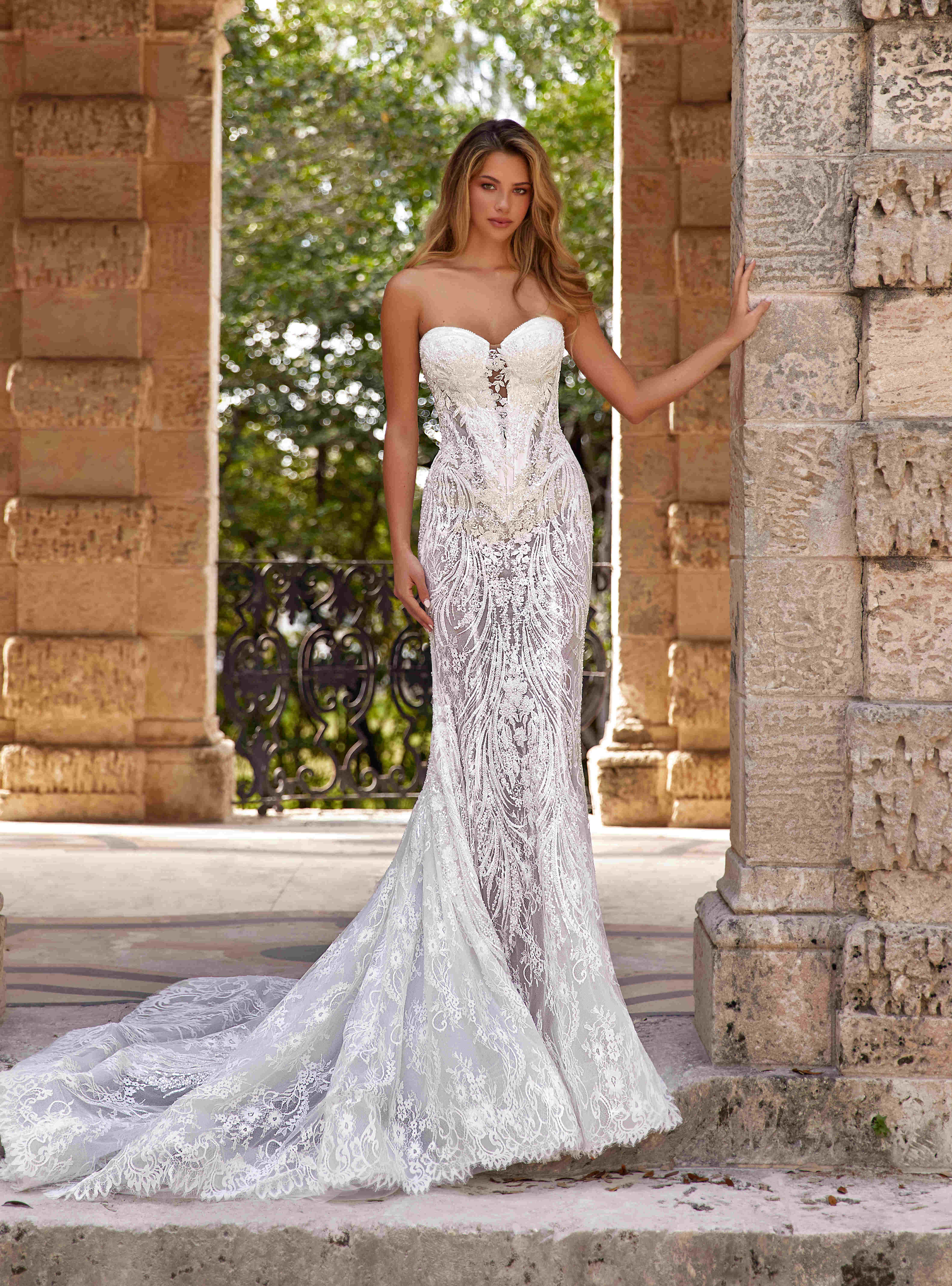 wedding dress Delilah-1 by OKSANA MUKHA Delilah-1 bridal gown: fitted silhouette with lace, tulle, and glowing hand embroidery