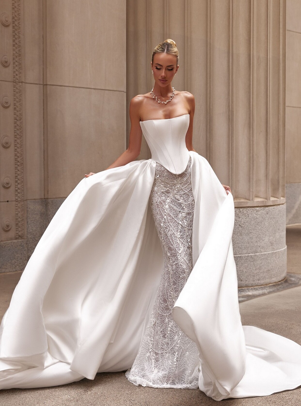 wedding dress Augusta by OKSANA MUKHA Bridal Augusta: corset with attached train and fusion of classic and modern elegance