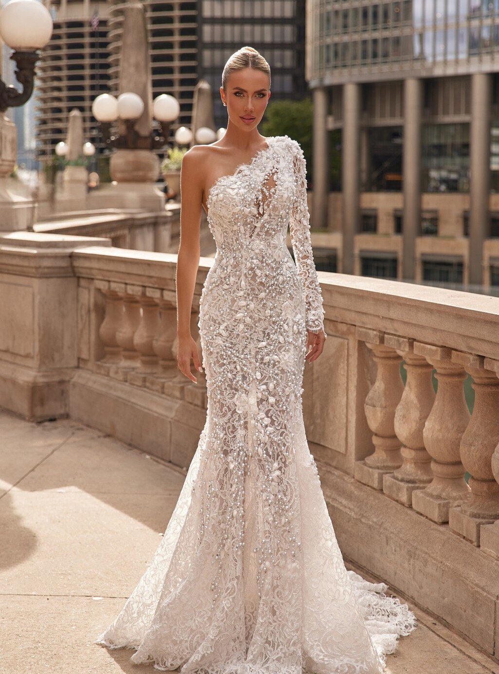 wedding dress Alegra by OKSANA MUKHA Alegra bridal look: bold yet romantic with train, asymmetrical neckline, and sparkle