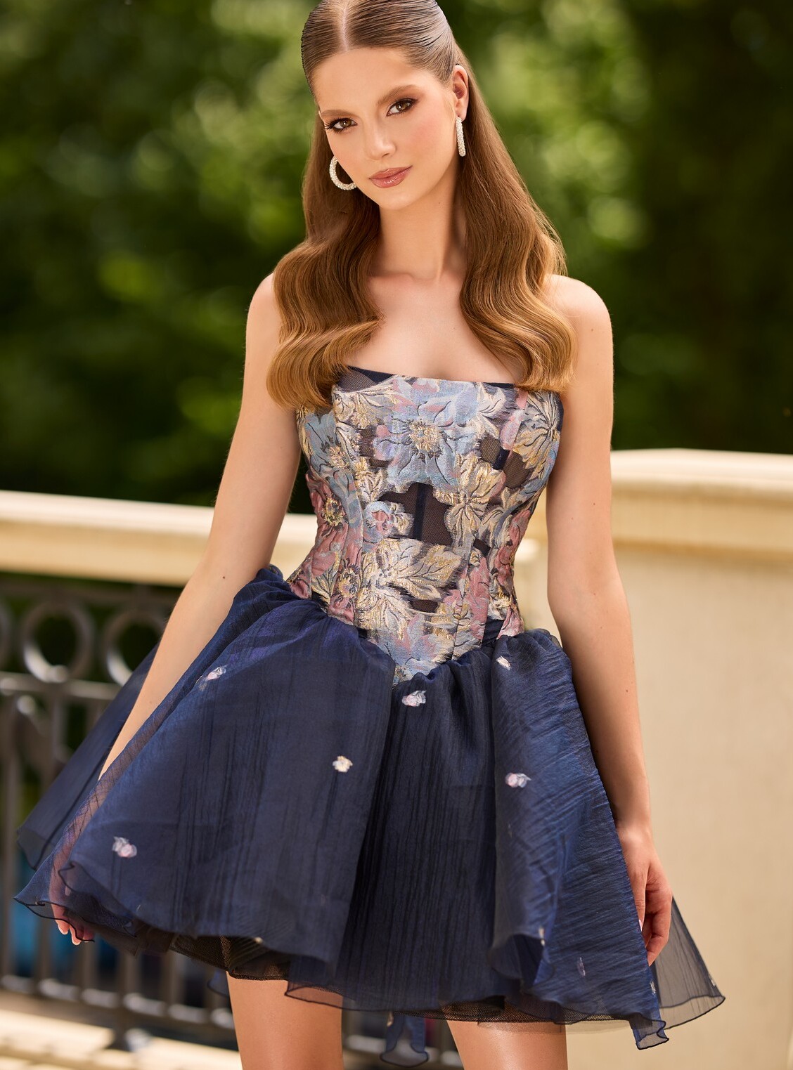 evening dress 2356 by OKSANA MUKHA Blue mini dress with jacquard corset